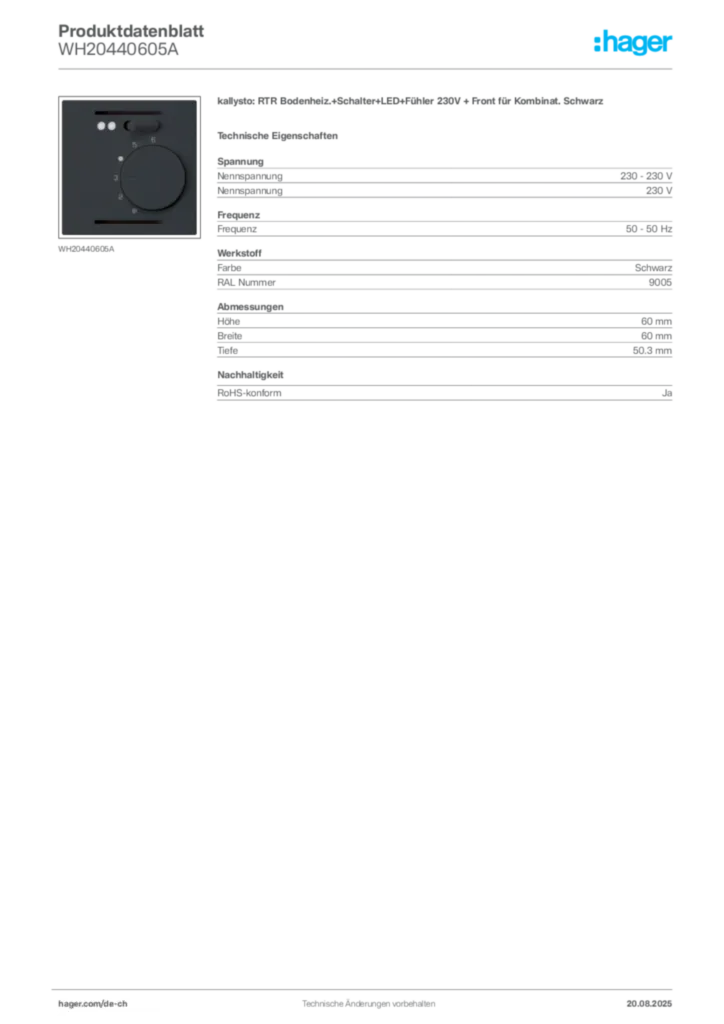 Bild Hager Produktdatenblatt WH20440605A | Hager Schweiz