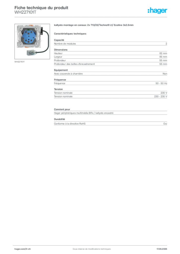 Image Hager Fiche technique du produit WH227101T | Hager Suisse