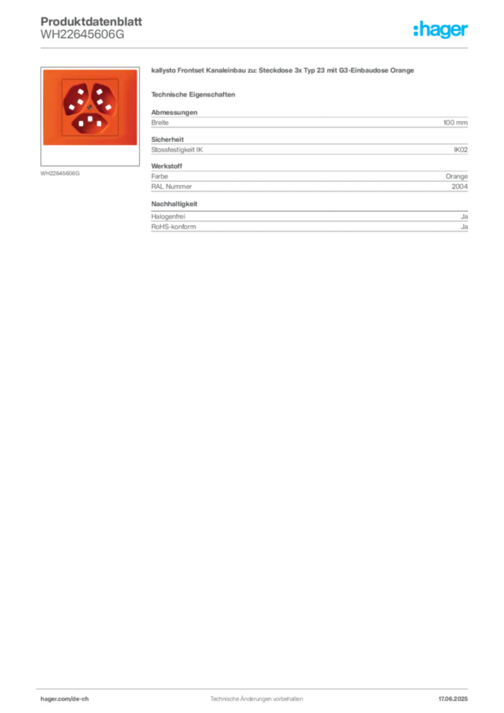 Bild Hager Produktdatenblatt WH22645606G | Hager Schweiz