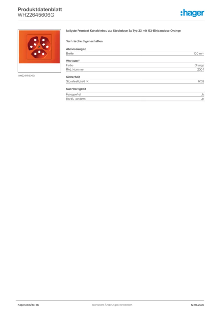 Bild Hager Produktdatenblatt WH22645606G | Hager Schweiz