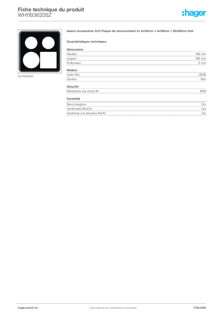 Image Hager Fiche technique du produit WH11936205Z | Hager Suisse
