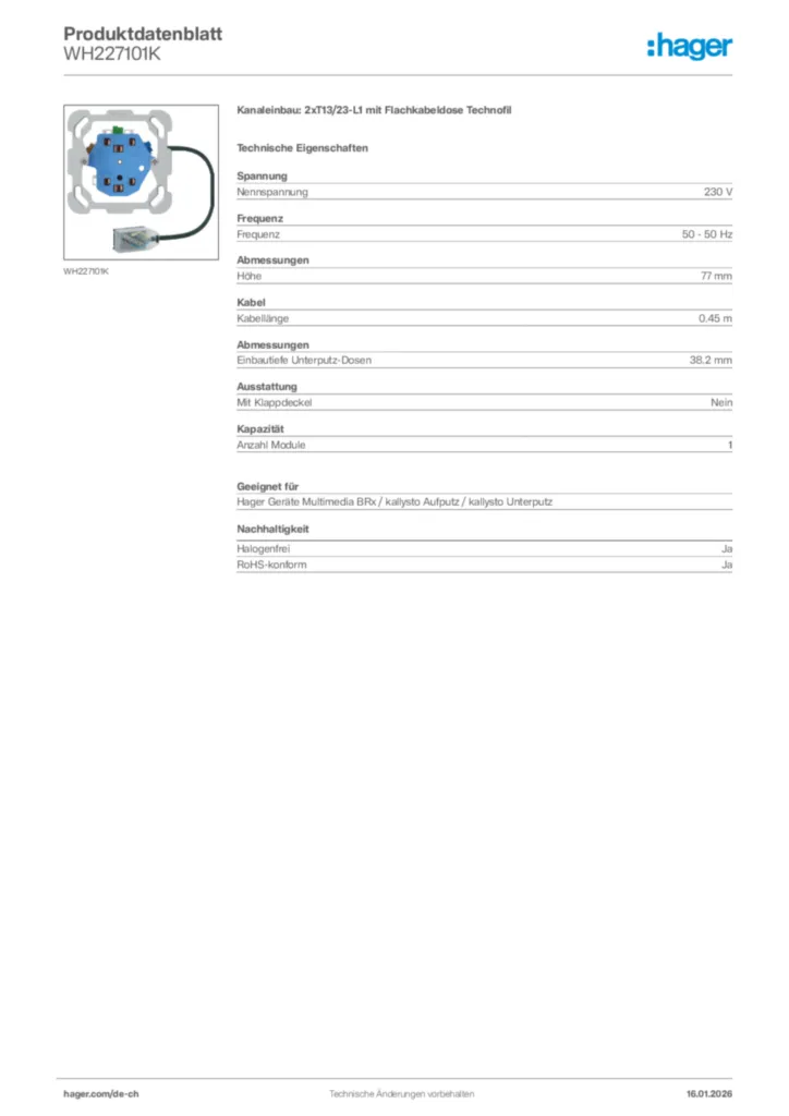 Bild Hager Produktdatenblatt WH227101K | Hager Schweiz