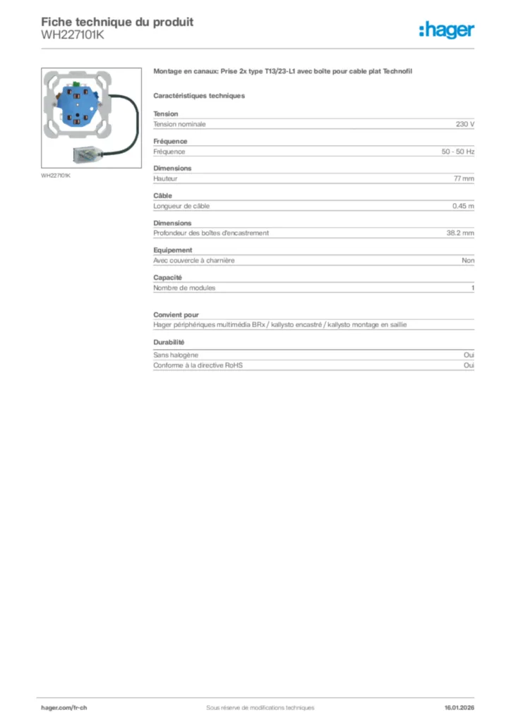 Image Hager Fiche technique du produit WH227101K | Hager Suisse