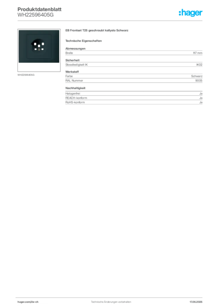Bild Hager Produktdatenblatt WH22596405G | Hager Schweiz