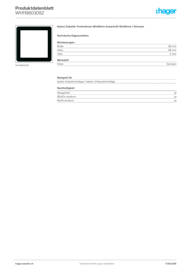 Bild Hager Produktdatenblatt WH11960305Z | Hager Schweiz