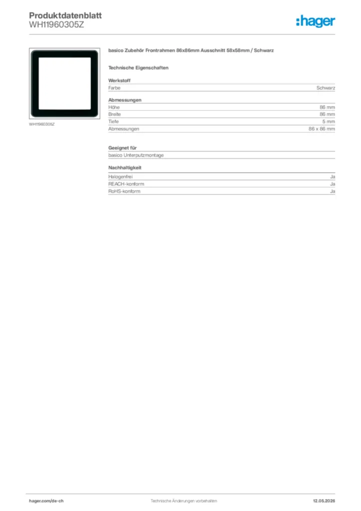 Bild Hager Produktdatenblatt WH11960305Z | Hager Schweiz