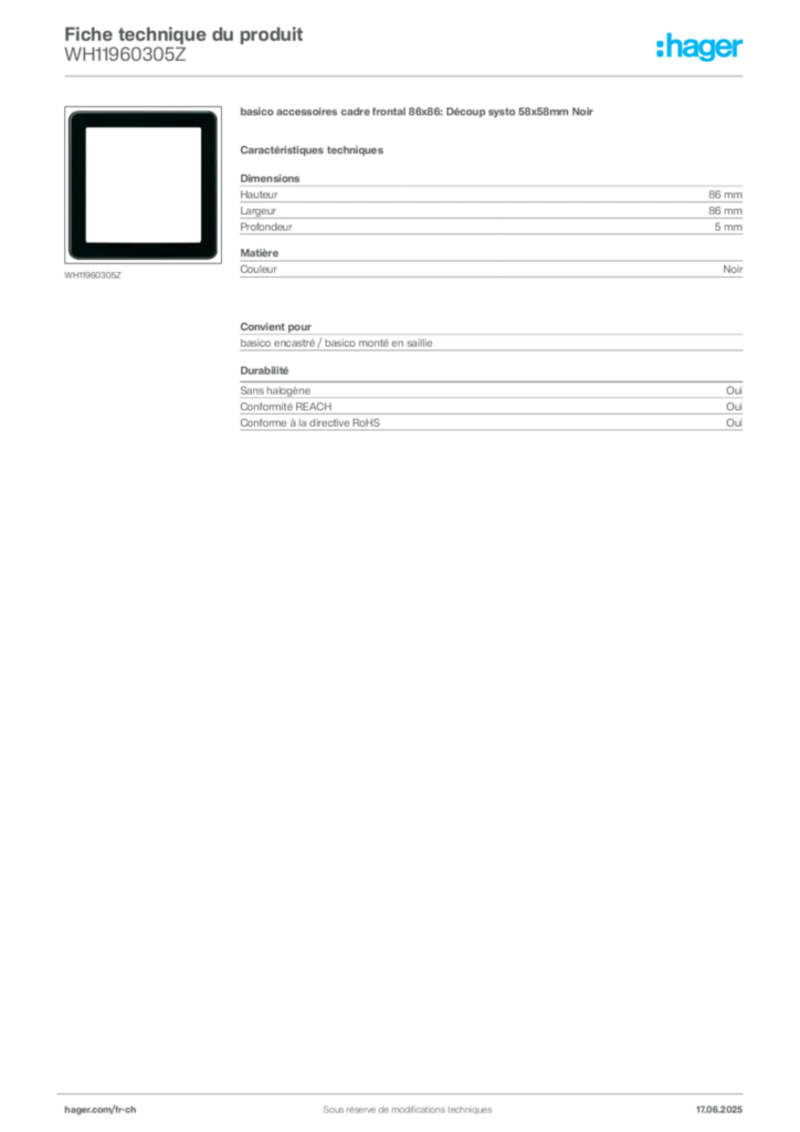 Image Hager Fiche technique du produit WH11960305Z | Hager Suisse