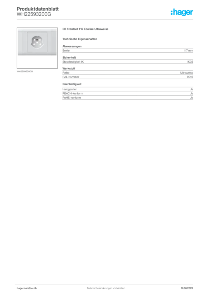 Bild Hager Produktdatenblatt WH22593200G | Hager Schweiz