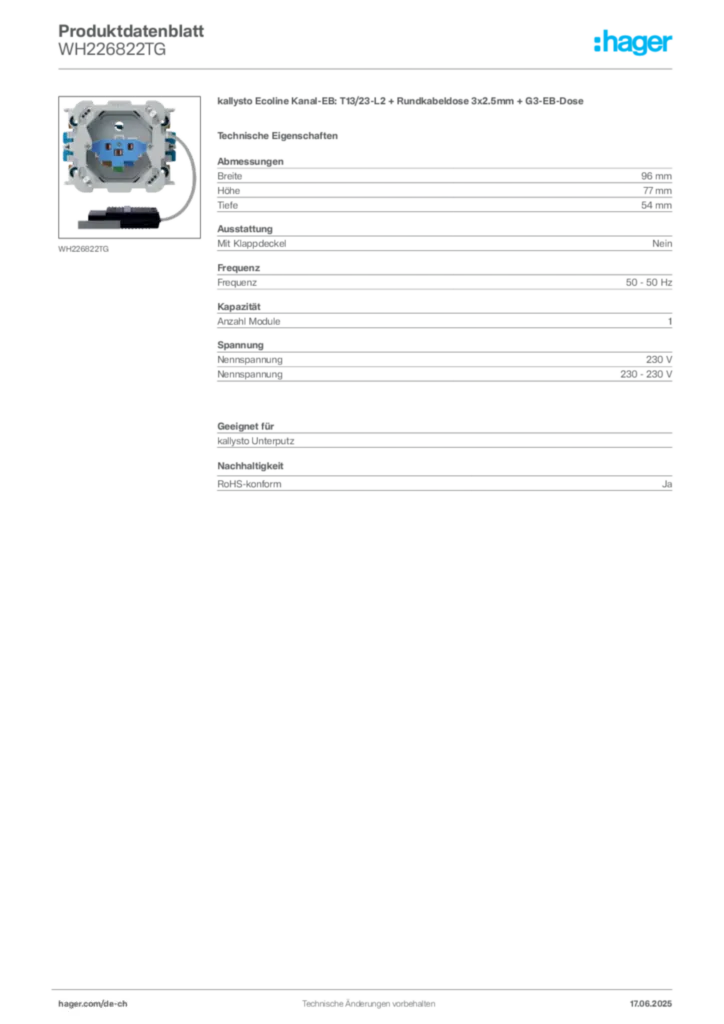 Bild Hager Produktdatenblatt WH226822TG | Hager Schweiz