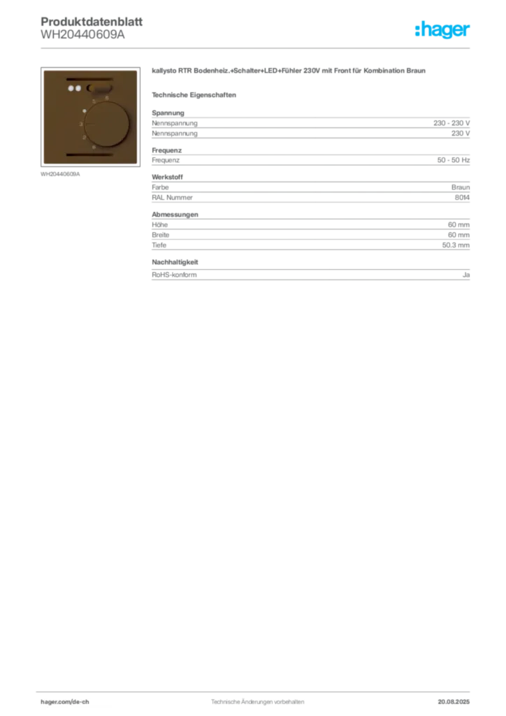 Bild Hager Produktdatenblatt WH20440609A | Hager Schweiz