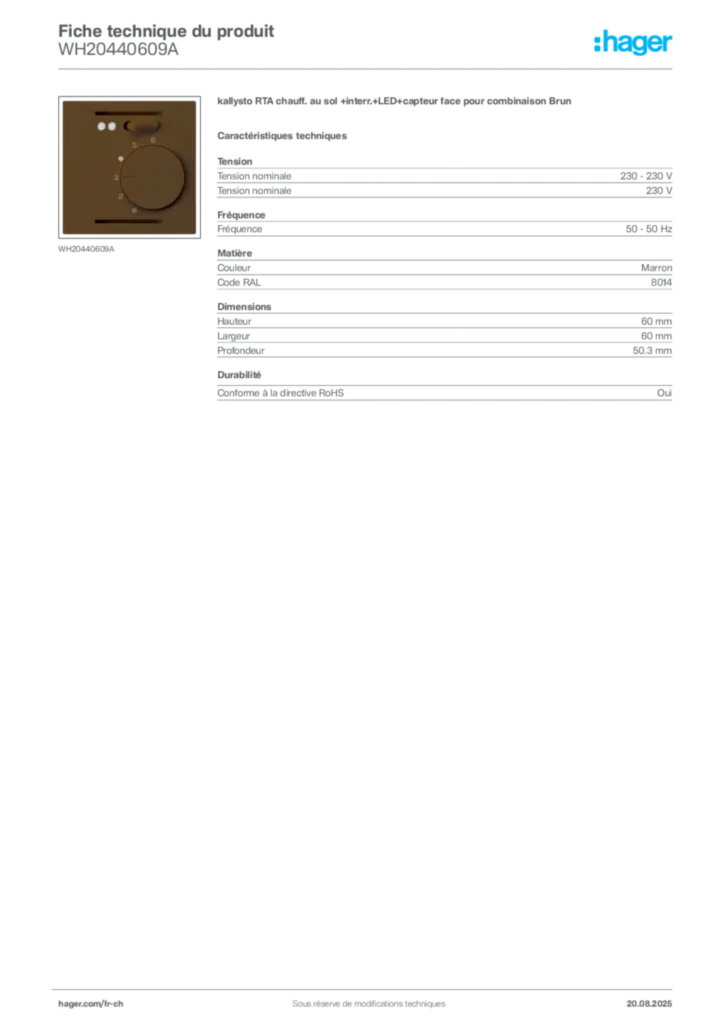 Image Hager Fiche technique du produit WH20440609A | Hager Suisse