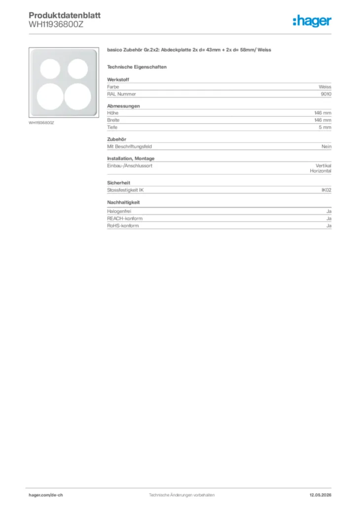 Bild Hager Produktdatenblatt WH11936800Z | Hager Schweiz