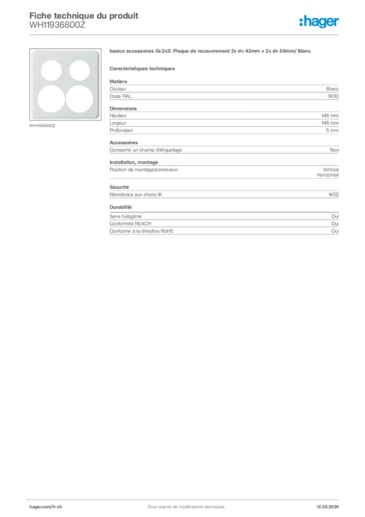 Image Hager Fiche technique du produit WH11936800Z | Hager Suisse