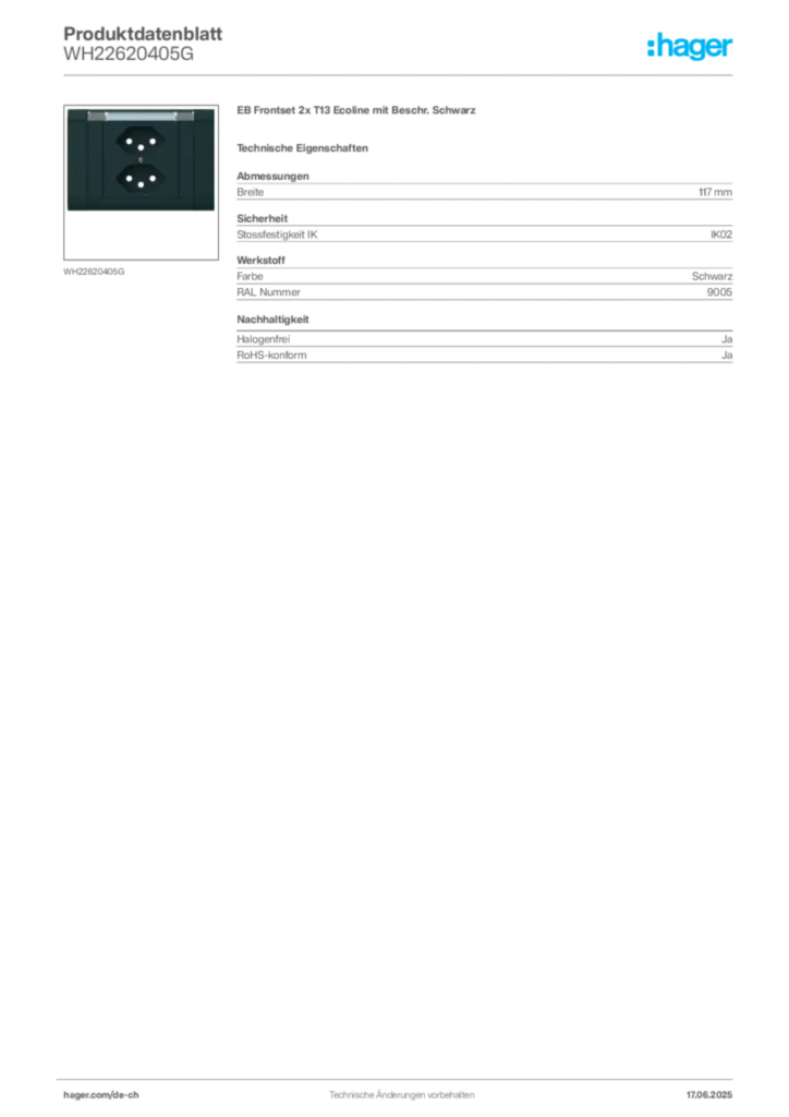 Bild Hager Produktdatenblatt WH22620405G | Hager Schweiz