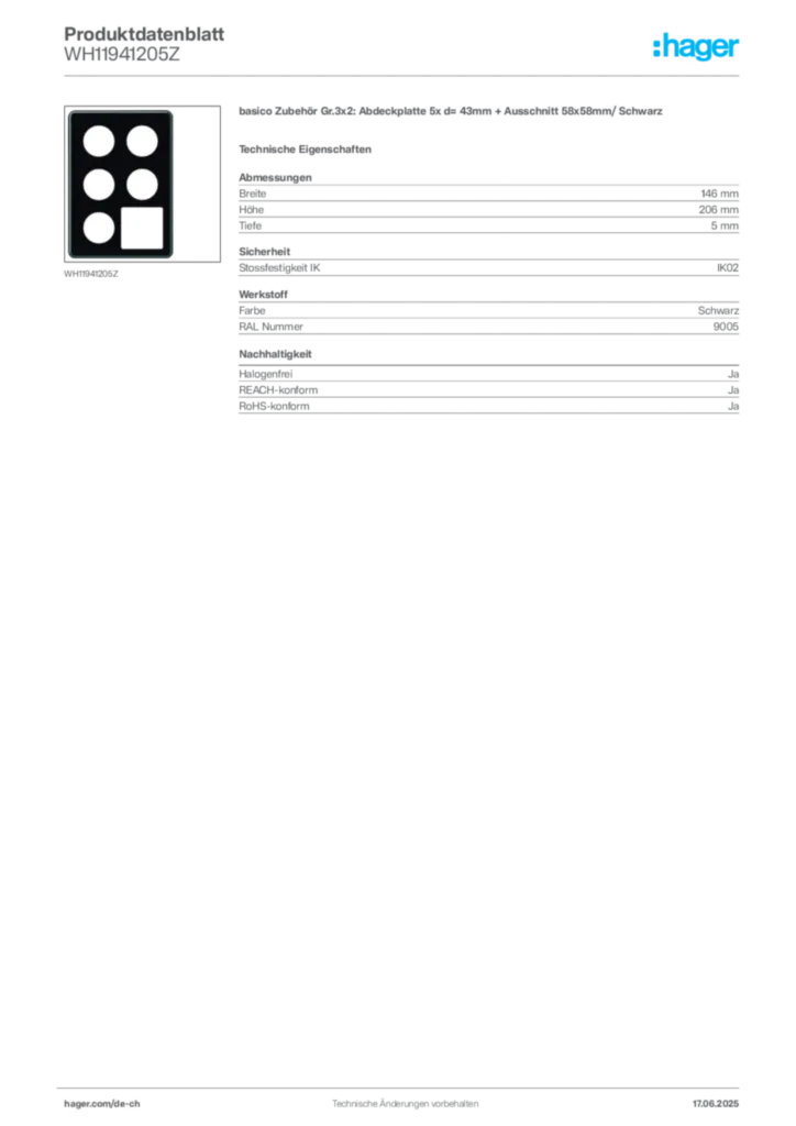 Bild Hager Produktdatenblatt WH11941205Z | Hager Schweiz