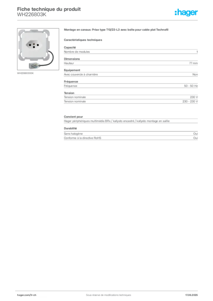Image Hager Fiche technique du produit WH226803K | Hager Suisse