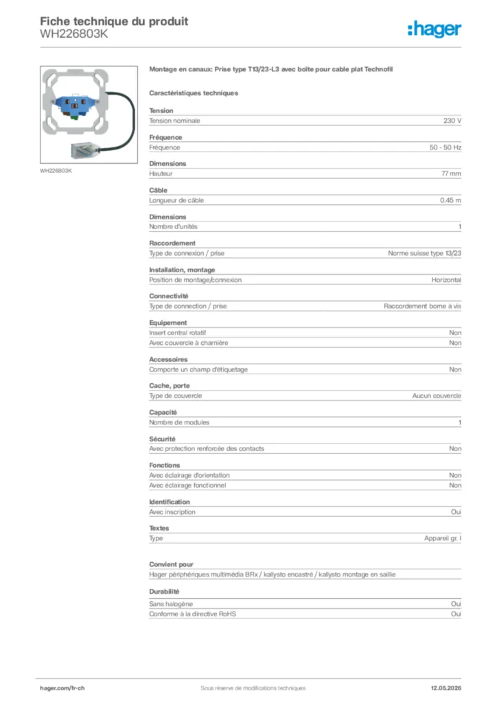 Image Hager Fiche technique du produit WH226803K | Hager Suisse