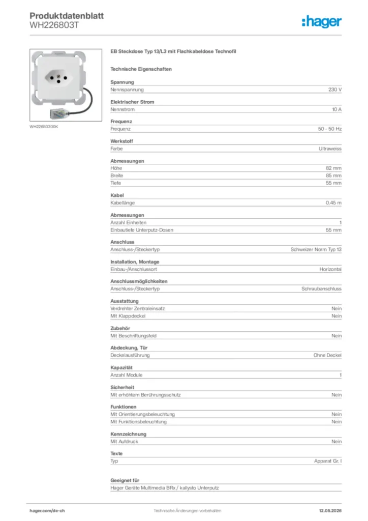 Bild Hager Produktdatenblatt WH226803T | Hager Schweiz
