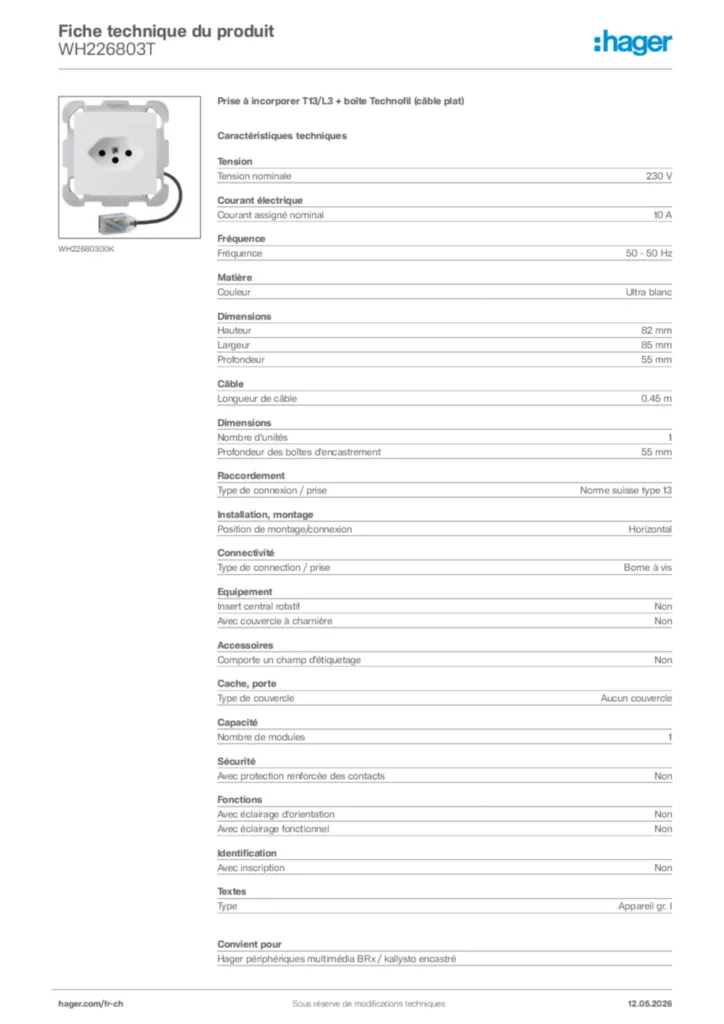 Image Hager Fiche technique du produit WH226803T | Hager Suisse