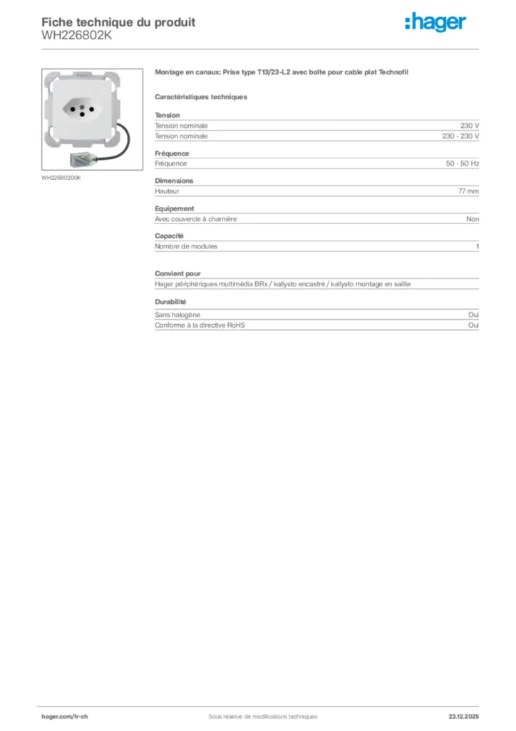 Image Hager Fiche technique du produit WH226802K | Hager Suisse