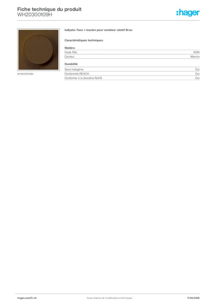 Image Hager Fiche technique du produit WH20300109H | Hager Suisse