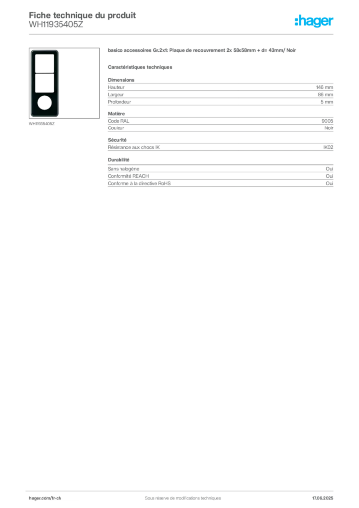 Image Hager Fiche technique du produit WH11935405Z | Hager Suisse