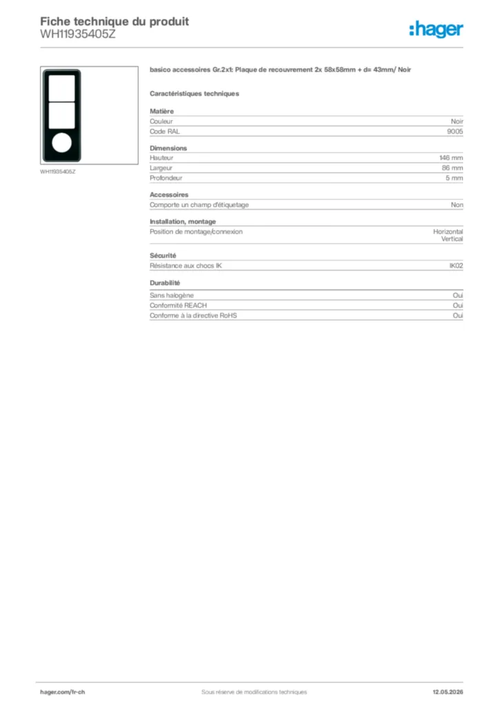 Image Hager Fiche technique du produit WH11935405Z | Hager Suisse