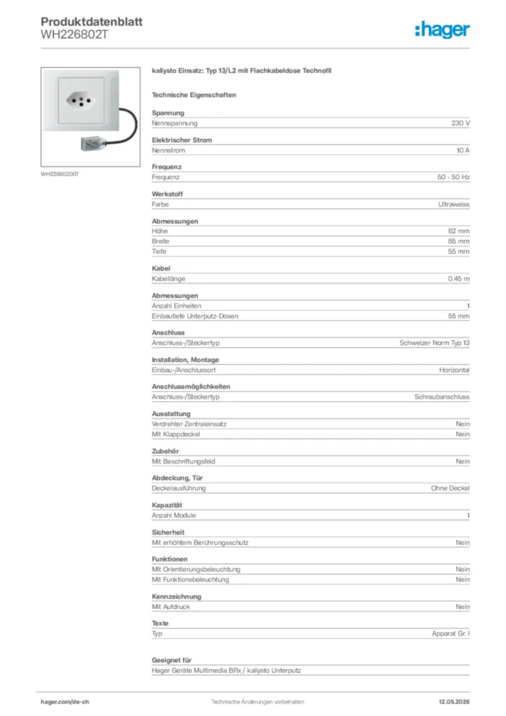 Bild Hager Produktdatenblatt WH226802T | Hager Schweiz