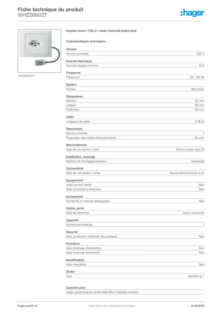 Image Hager Fiche technique du produit WH226802T | Hager Suisse