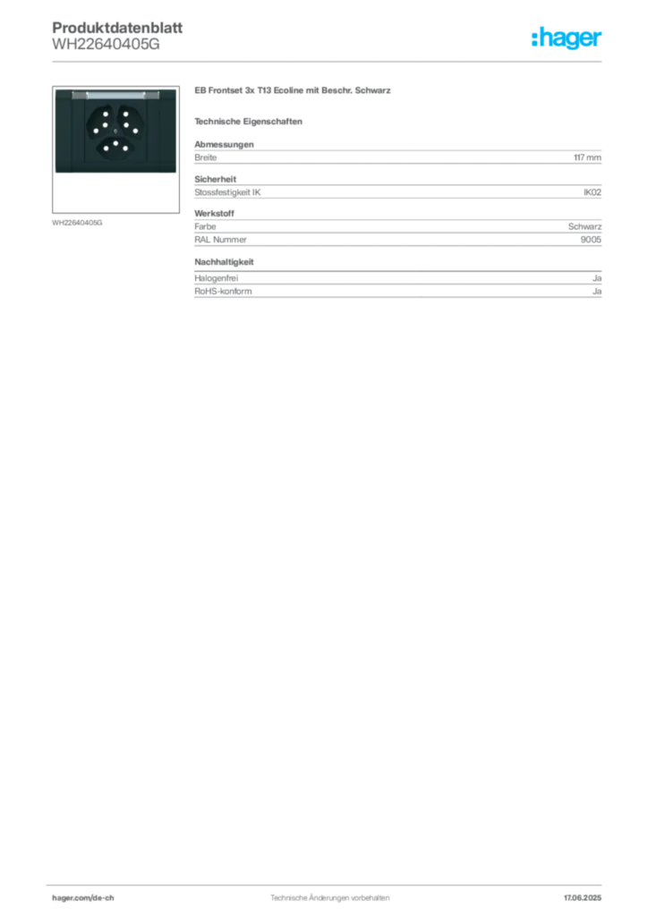 Bild Hager Produktdatenblatt WH22640405G | Hager Schweiz