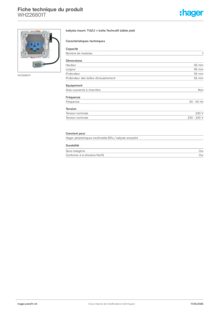 Image Hager Fiche technique du produit WH226801T | Hager Suisse