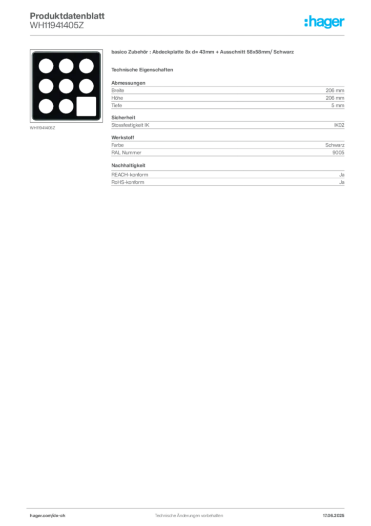 Bild Hager Produktdatenblatt WH11941405Z | Hager Schweiz