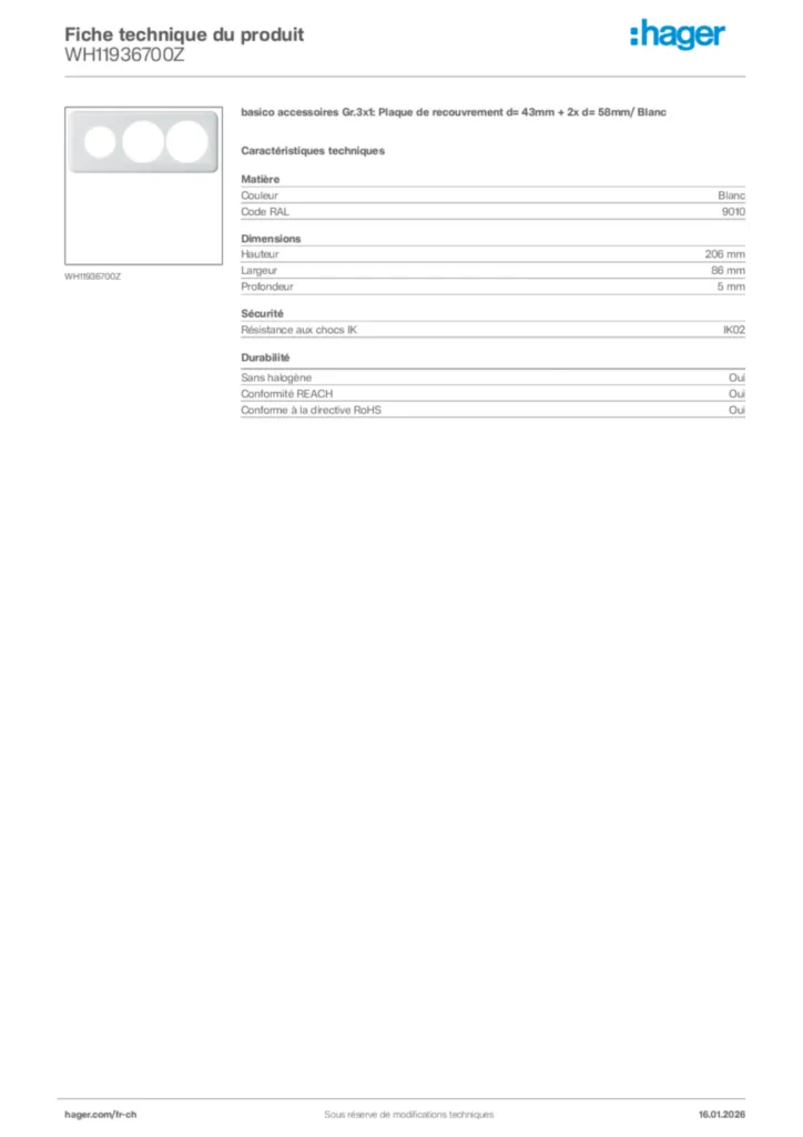 Image Hager Fiche technique du produit WH11936700Z | Hager Suisse