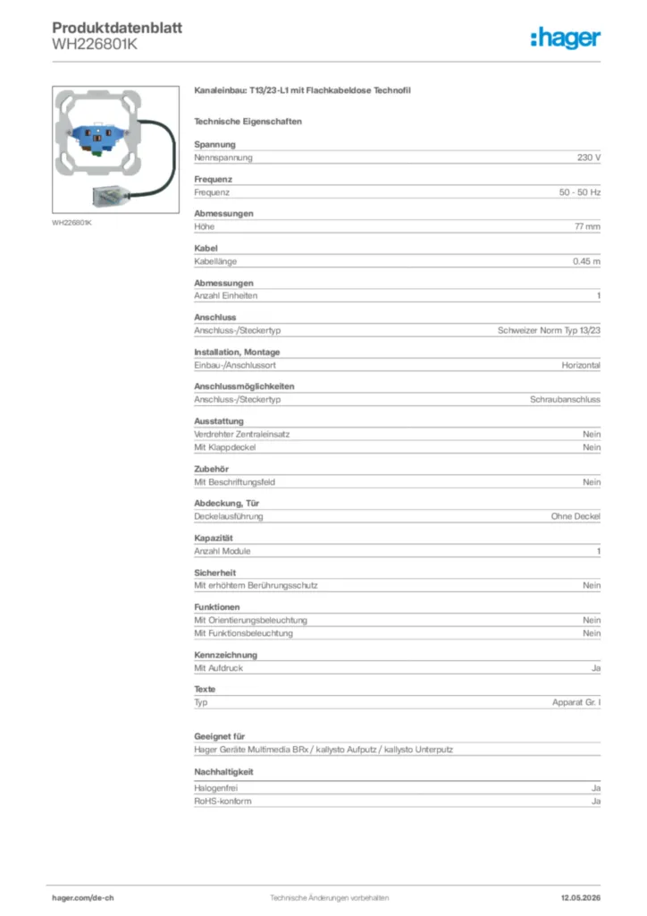Bild Hager Produktdatenblatt WH226801K | Hager Schweiz
