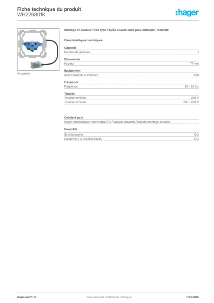Image Hager Fiche technique du produit WH226801K | Hager Suisse