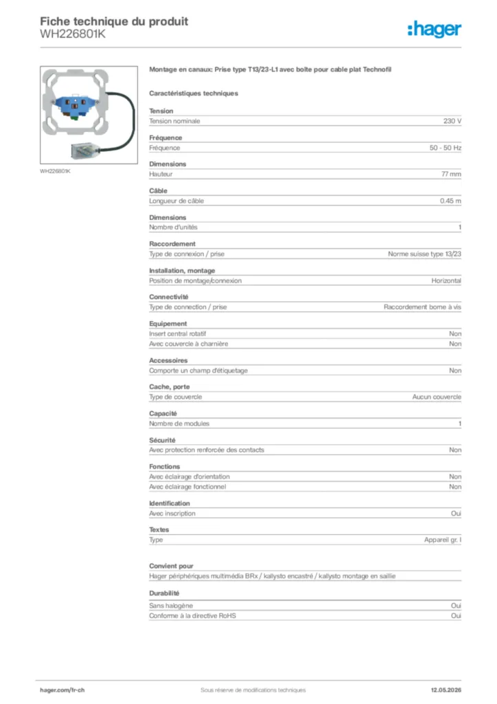 Image Hager Fiche technique du produit WH226801K | Hager Suisse