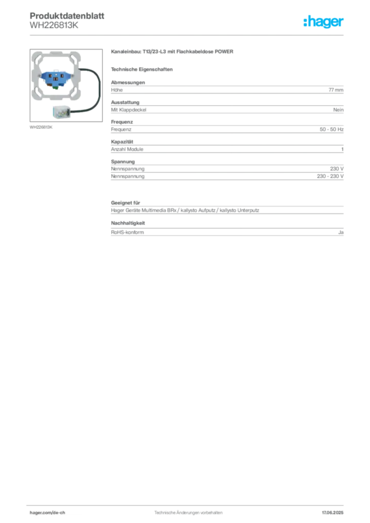 Bild Hager Produktdatenblatt WH226813K | Hager Schweiz
