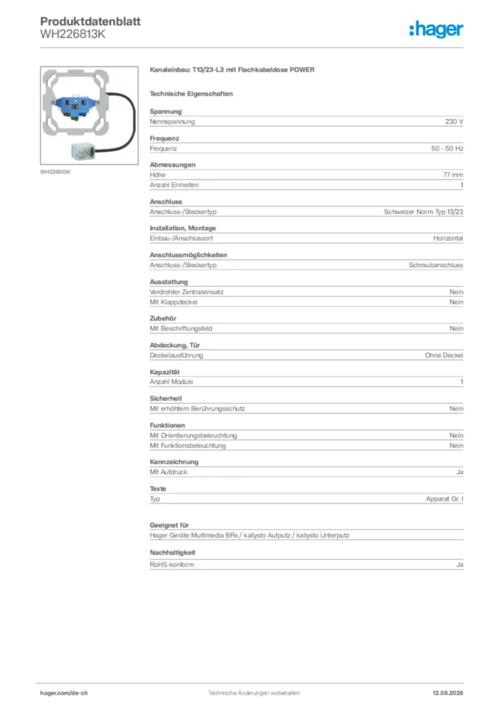 Bild Hager Produktdatenblatt WH226813K | Hager Schweiz