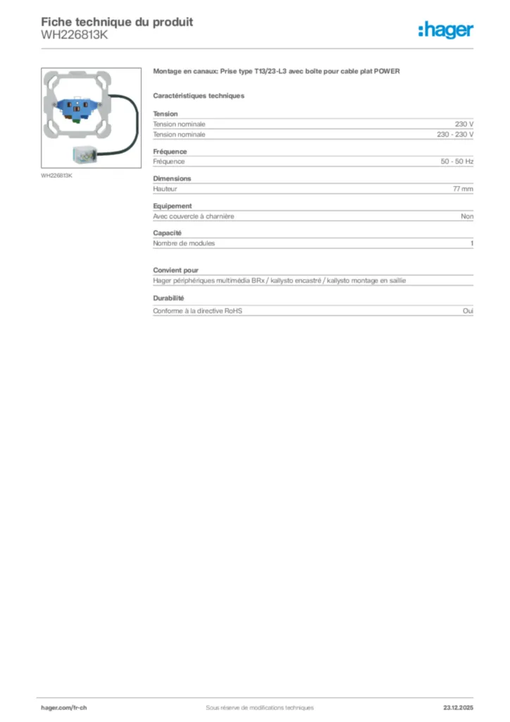Image Hager Fiche technique du produit WH226813K | Hager Suisse