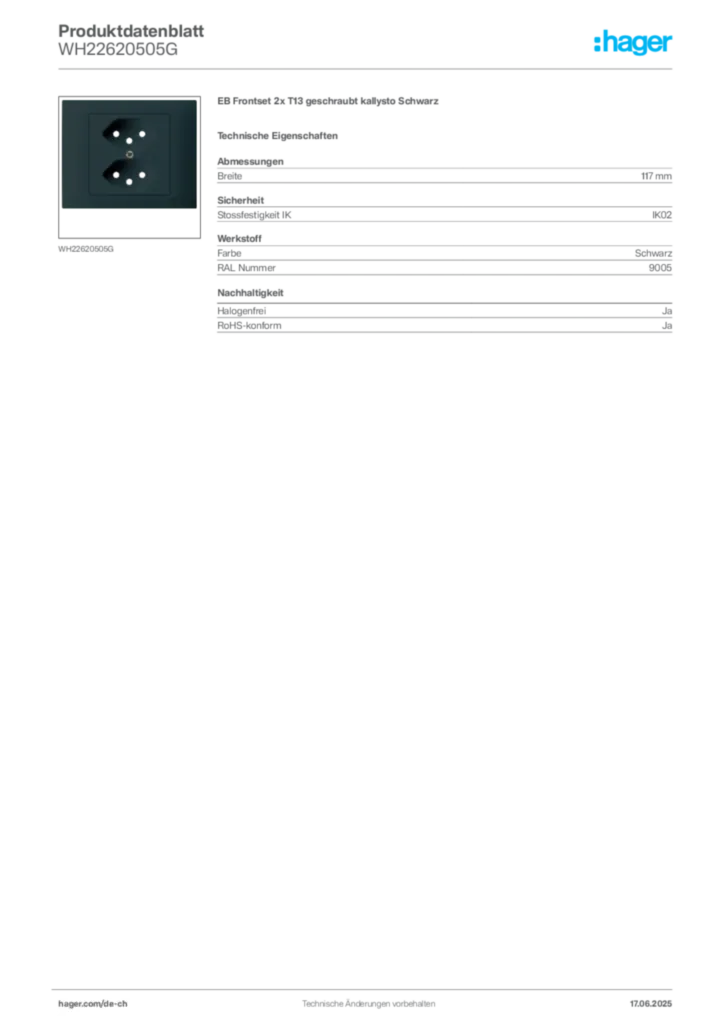 Bild Hager Produktdatenblatt WH22620505G | Hager Schweiz