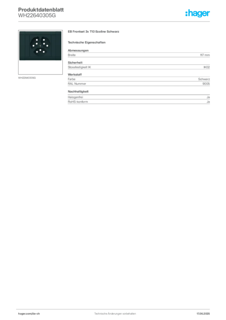 Bild Hager Produktdatenblatt WH22640305G | Hager Schweiz
