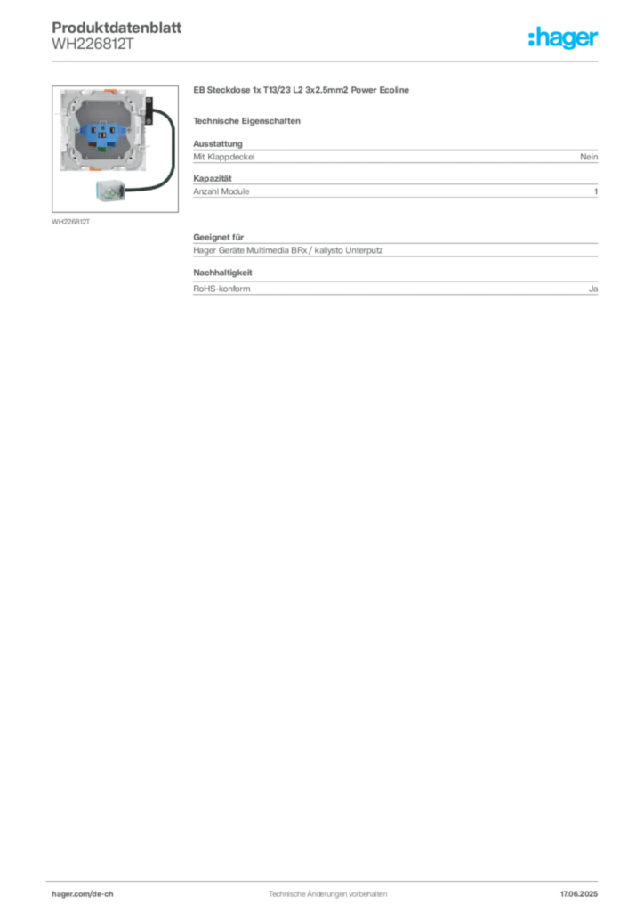 Bild Hager Produktdatenblatt WH226812T | Hager Schweiz