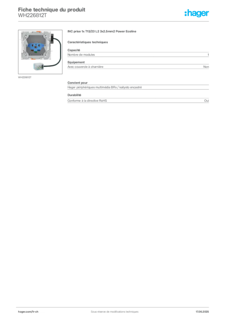 Image Hager Fiche technique du produit WH226812T | Hager Suisse