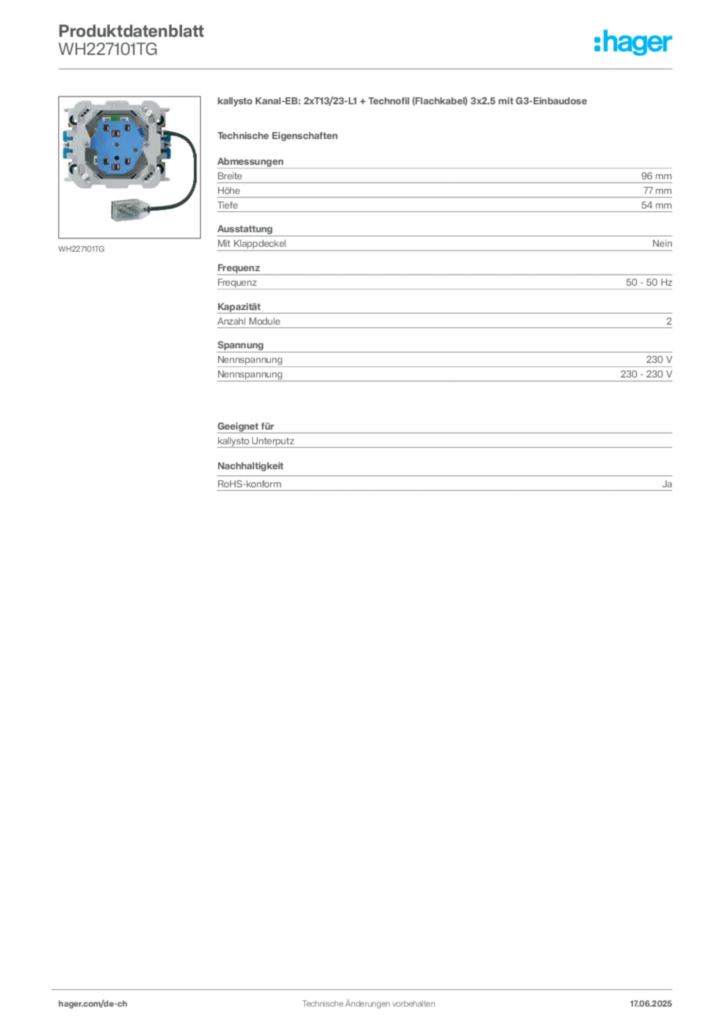 Bild Hager Produktdatenblatt WH227101TG | Hager Schweiz