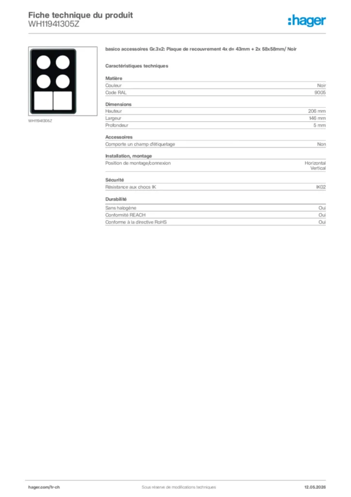 Image Hager Fiche technique du produit WH11941305Z | Hager Suisse