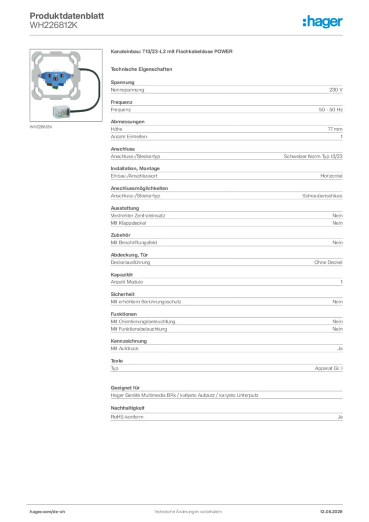 Bild Hager Produktdatenblatt WH226812K | Hager Schweiz