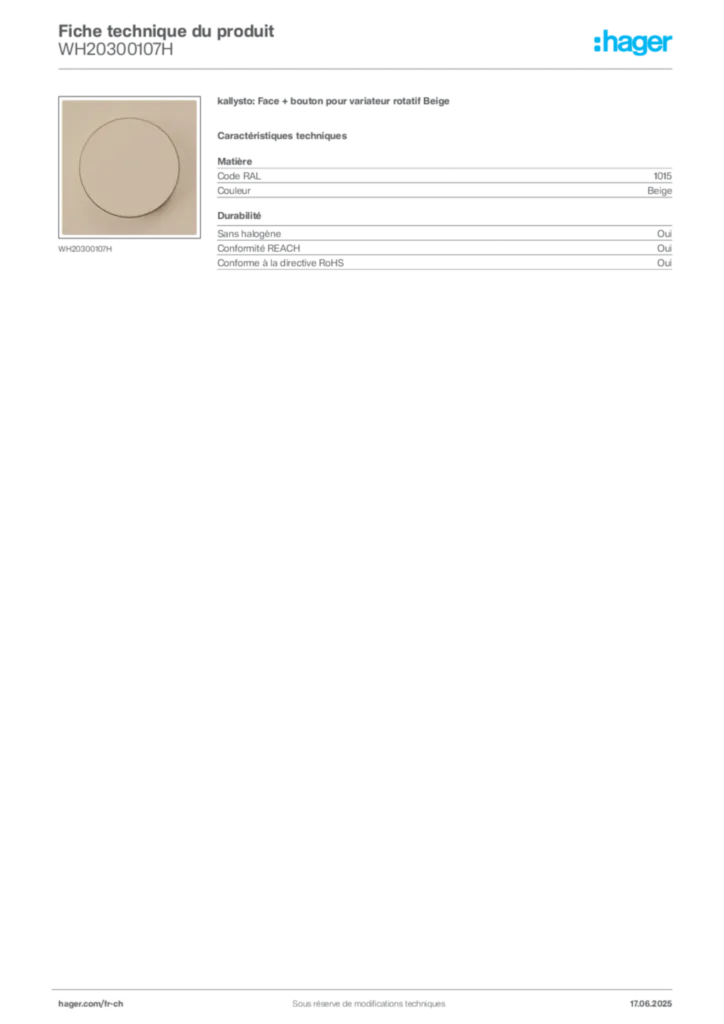 Image Hager Fiche technique du produit WH20300107H | Hager Suisse