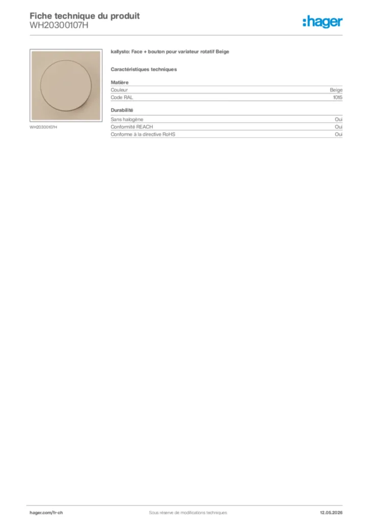 Image Hager Fiche technique du produit WH20300107H | Hager Suisse