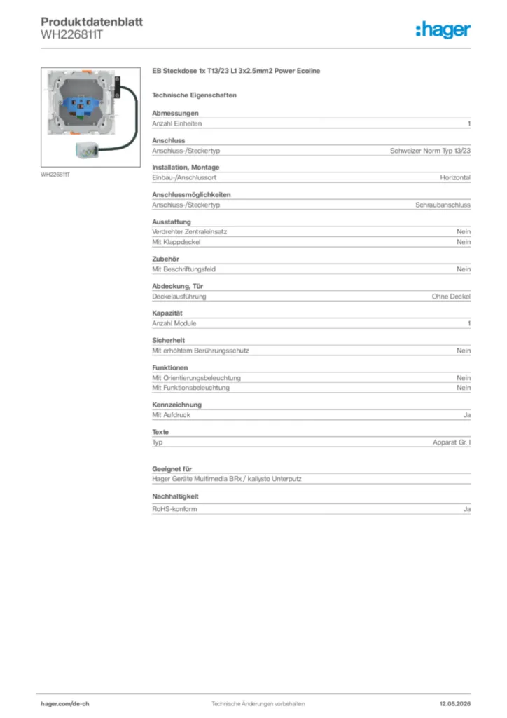 Bild Hager Produktdatenblatt WH226811T | Hager Schweiz