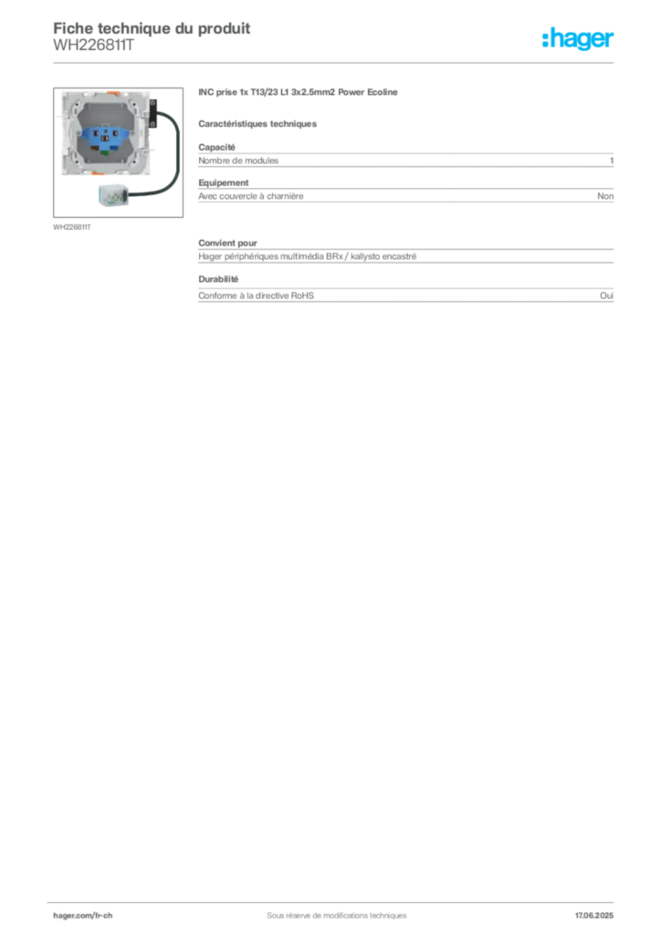 Image Hager Fiche technique du produit WH226811T | Hager Suisse